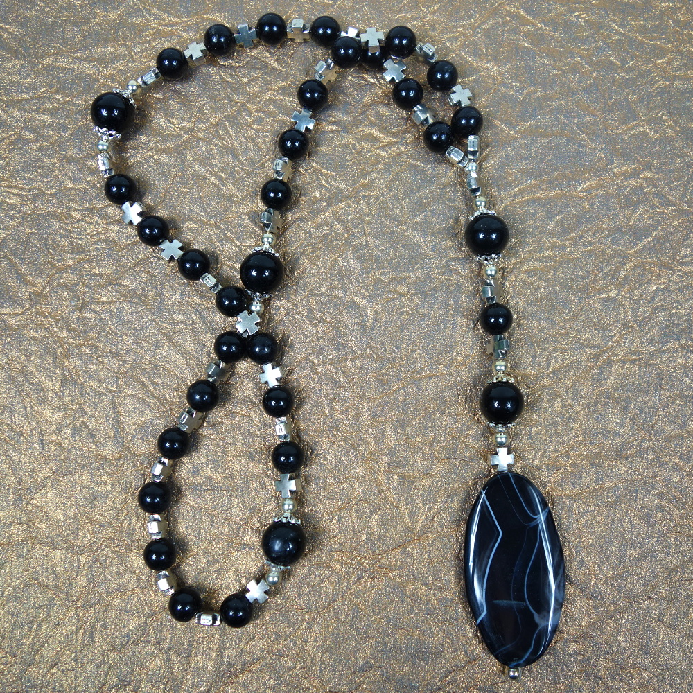 B-B-287-3 Onyx Crosses Prayer Bead Necklace