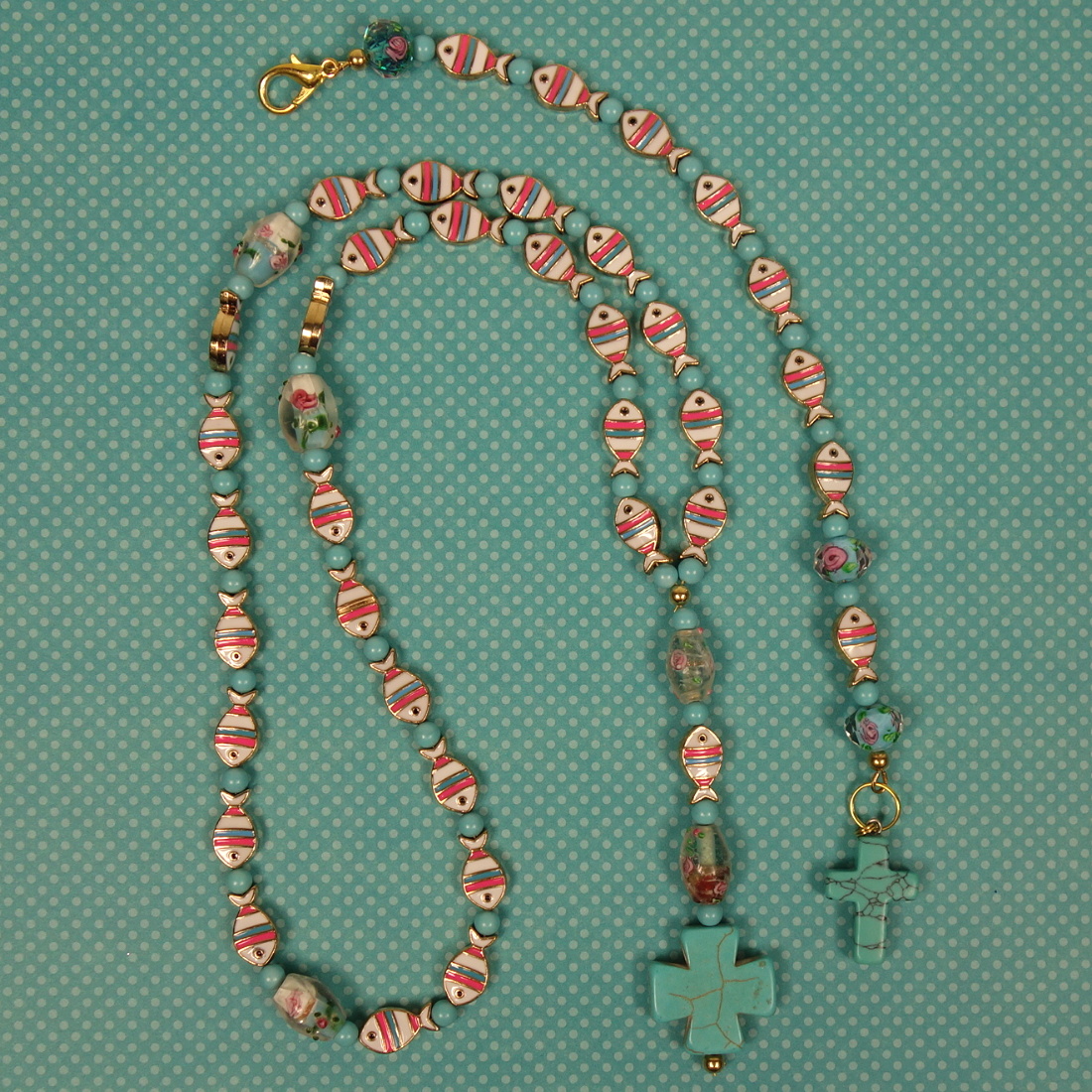Pink Aqua Fish Protestant Prayer Bead Set
